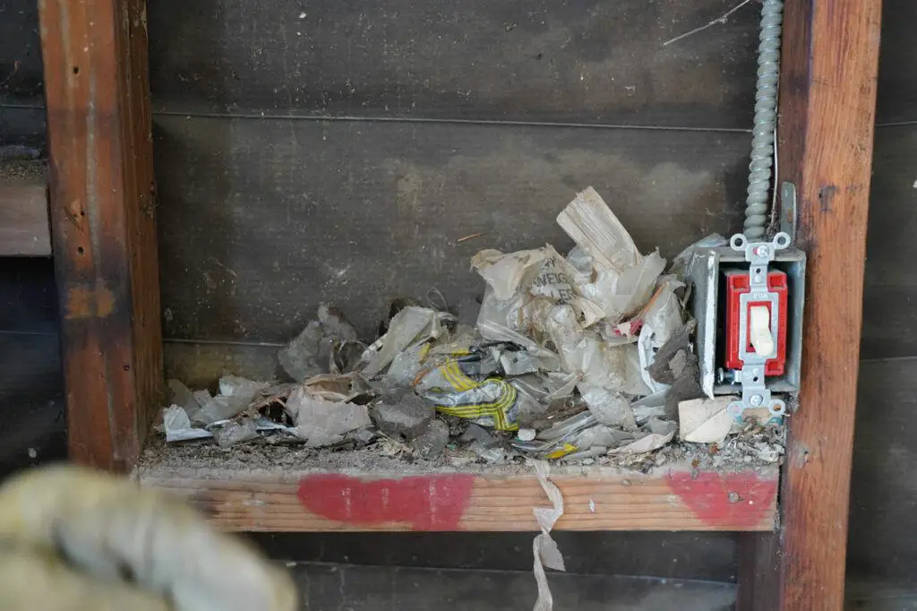 When we took off the plywood panels from the garage, we uncovered this rats nest that was dangerously next to an electrical conduit. Had the rat chewed into the wiring there, that could have caused a fire!