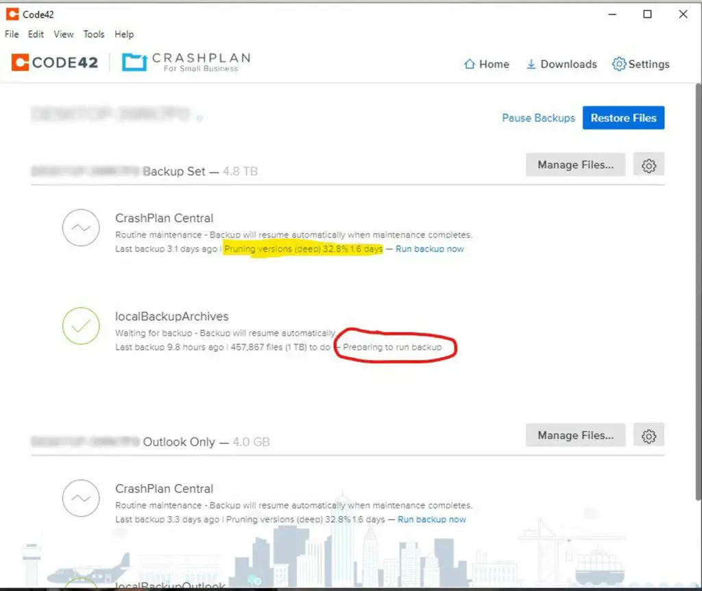 One of the symptoms of CrashPlan getting stuck is if a backup is perpetually 'Preparing to run backup' for hours or even days