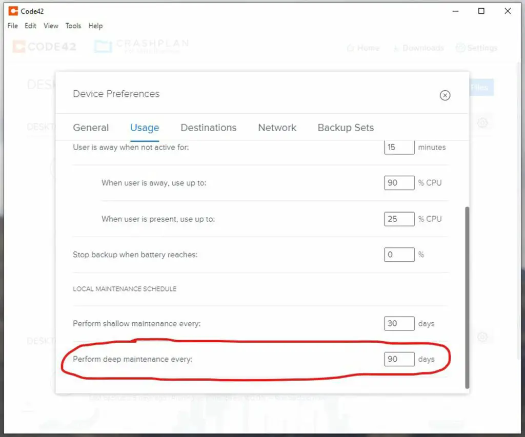 Tweaking the CrashPlan settings. Notice how I try to put off the deep maintenance as much as possible because I know how long this takes