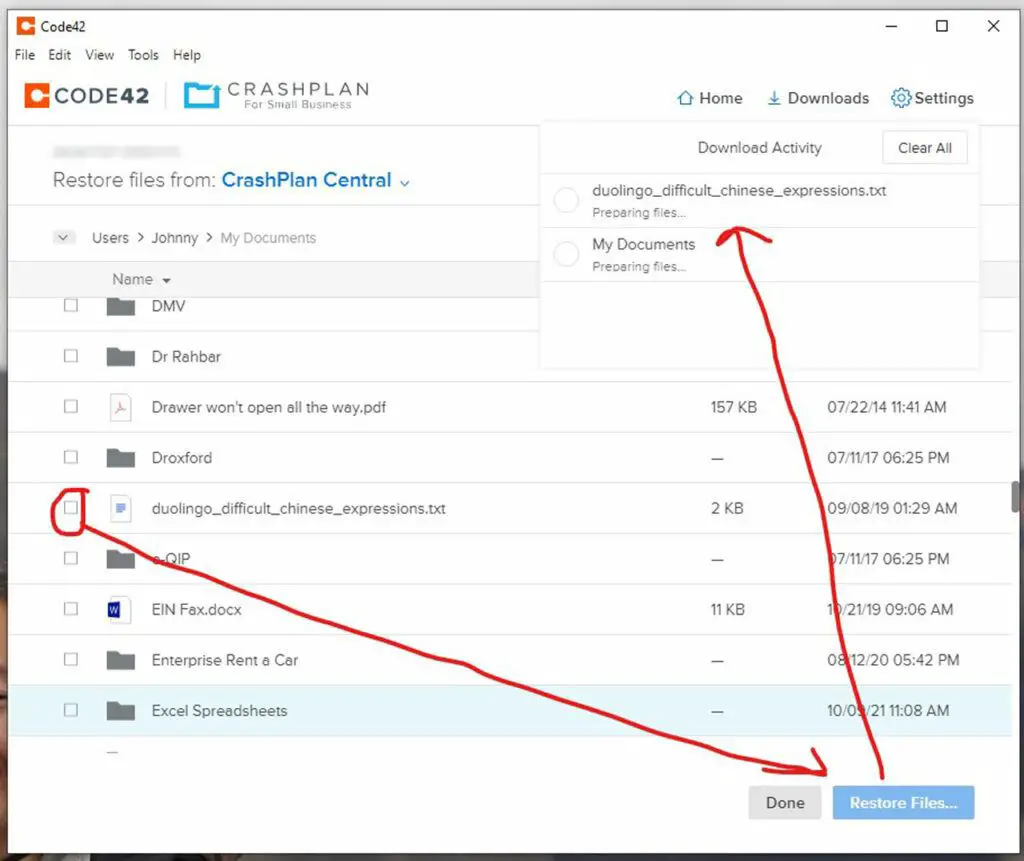 Trying to restore a file using CrashPlan for Small Business