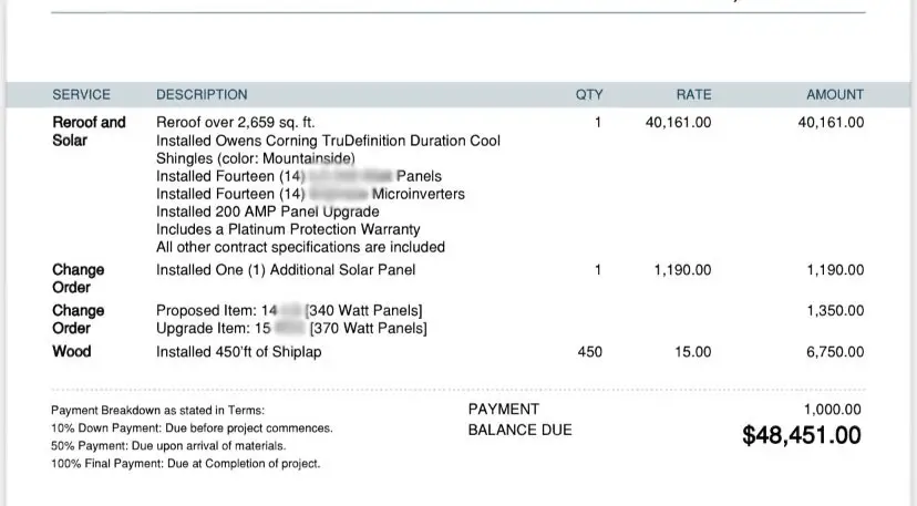 Our huge bill from the company that we hired to do both the roofing and the solar installation jobs